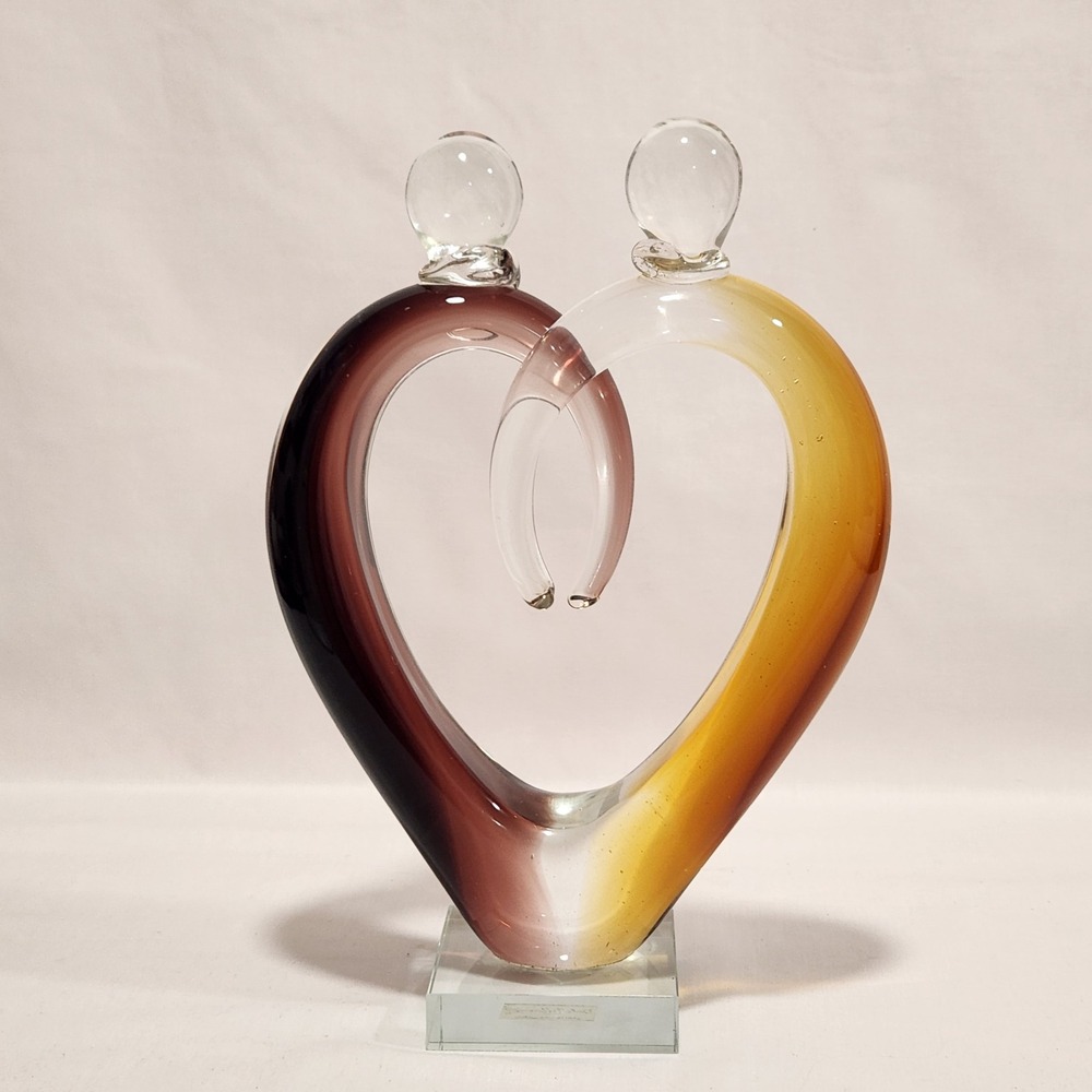 Art Glass Interlocking Heart Figures Sculpture Purple Amber‎ Ombre 11.5 Inch